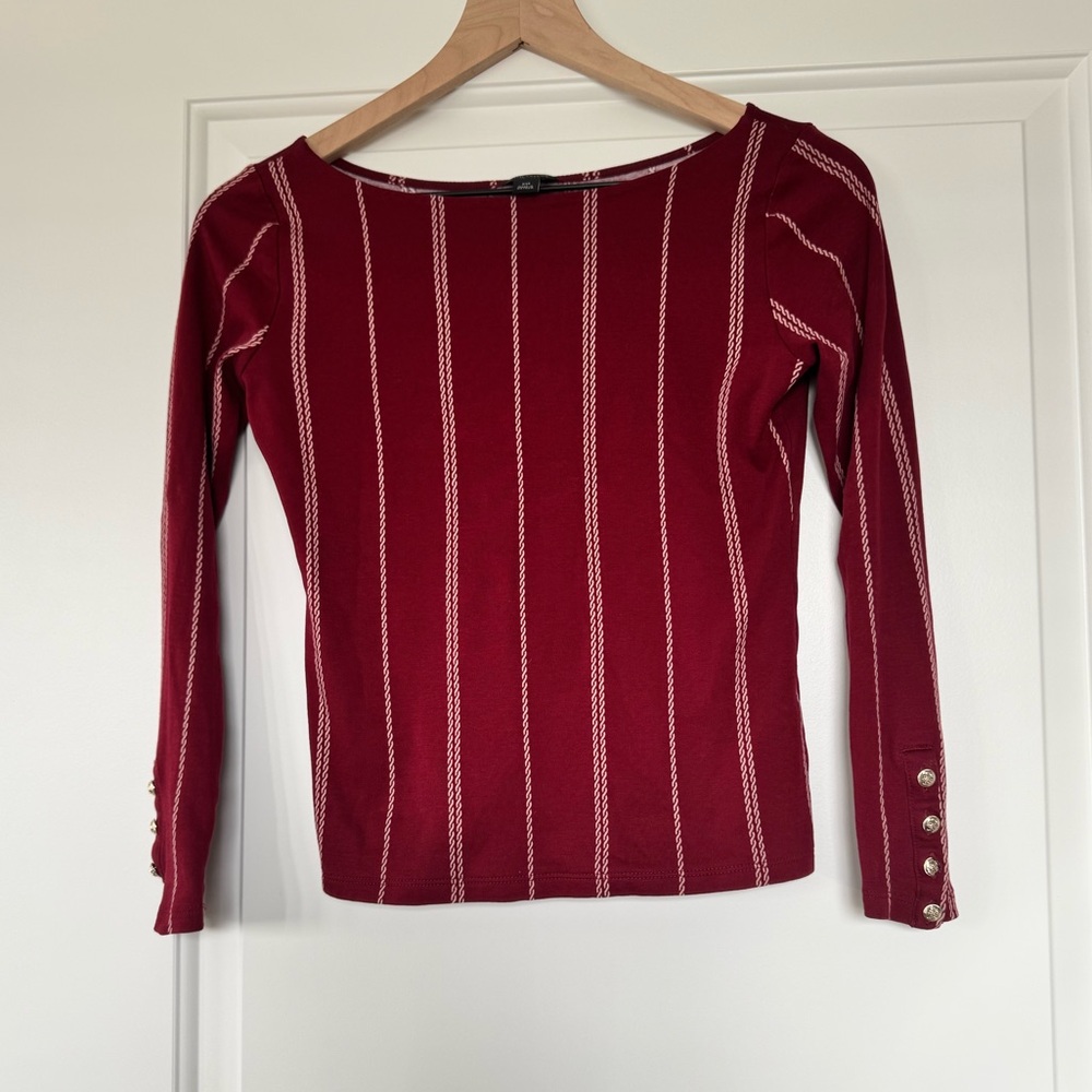 Ann Taylor Burgundy and Cream Striped Knit Top Boat Neck Gold Cuffs XS Petite